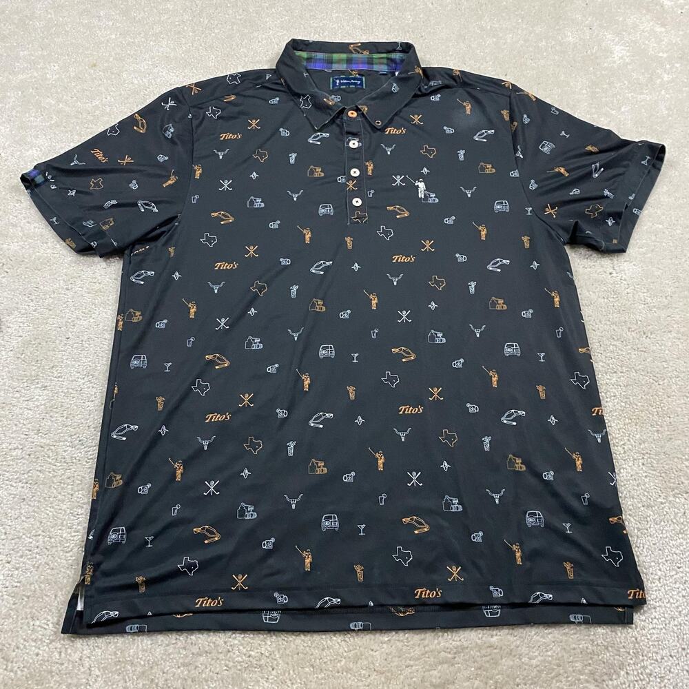 William Murray Polo Shirt Mens XL Black Tito's Texas Golf Performance AOP